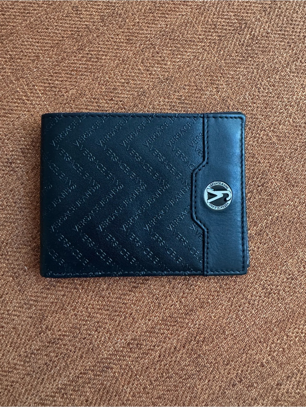 Versace Jeans Collection Black Leather Card Holder with Metal Logo